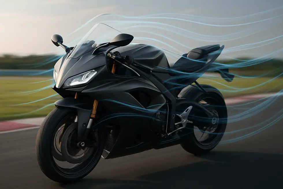 An aerodynamic motorcycle fairing designed to reduce drag and improve speed and stability.