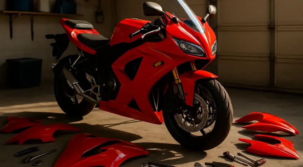 A motorcycle equipped with affordable, high-quality ABS plastic fairings, illustrating value and durability.