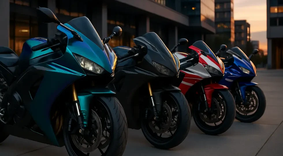 A lineup of motorcycles fitted with aftermarket fairings displaying diverse designs and finishes, illustrating the product’s versatility and appeal.