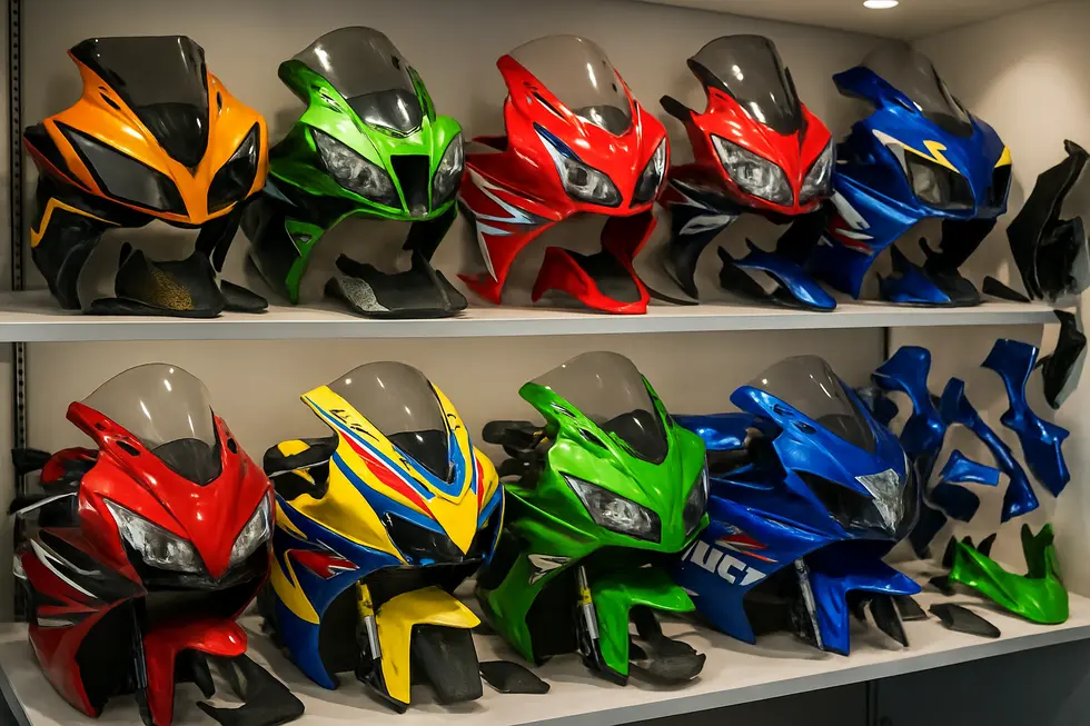 Various motorcycle fairings made from fiberglass, ABS plastic, and carbon fiber emphasizing design and material diversity.