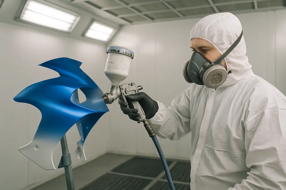 A technician sanding and preparing motorcycle fairings to ensure optimal paint adhesion and durability.