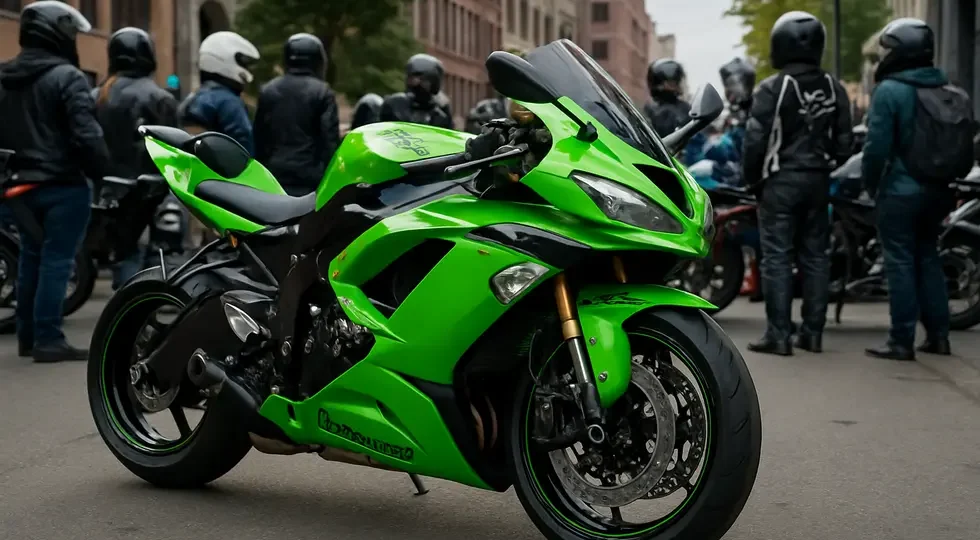 Kawasaki Ninja ZX-6R showcasing Auctmart motorcycle fairings within a vibrant urban rider community setting.