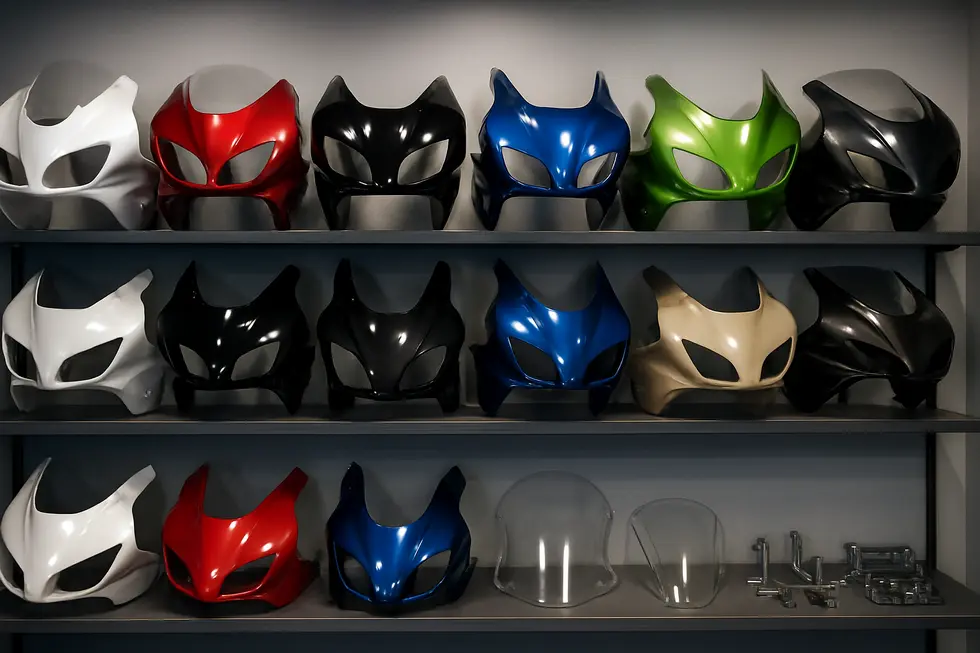 A broad selection of motorcycle fairings in ABS and fiberglass materials displayed for buyers.