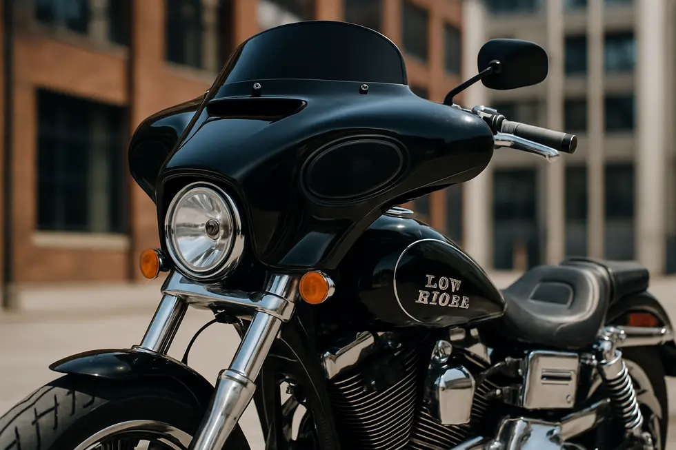Harley-Davidson Dyna Low Rider featuring a Batwing fairing with integrated speakers, combining style with rider comfort and entertainment.