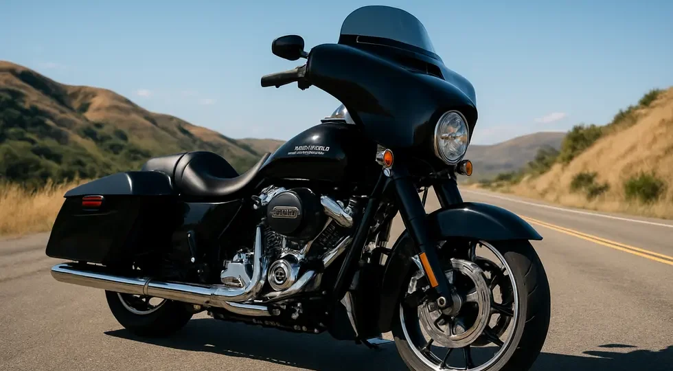 A Harley-Davidson cruiser featuring a signature black batwing fairing on an open highway, symbolizing style, performance, and rider comfort.