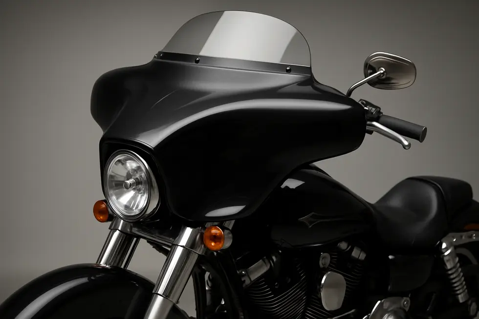 Detailed view of the durable ABS plastic inner shell combined with an opaque black Lucite outer shell, showcasing the craftsmanship behind batwing motorcycle fairings.
