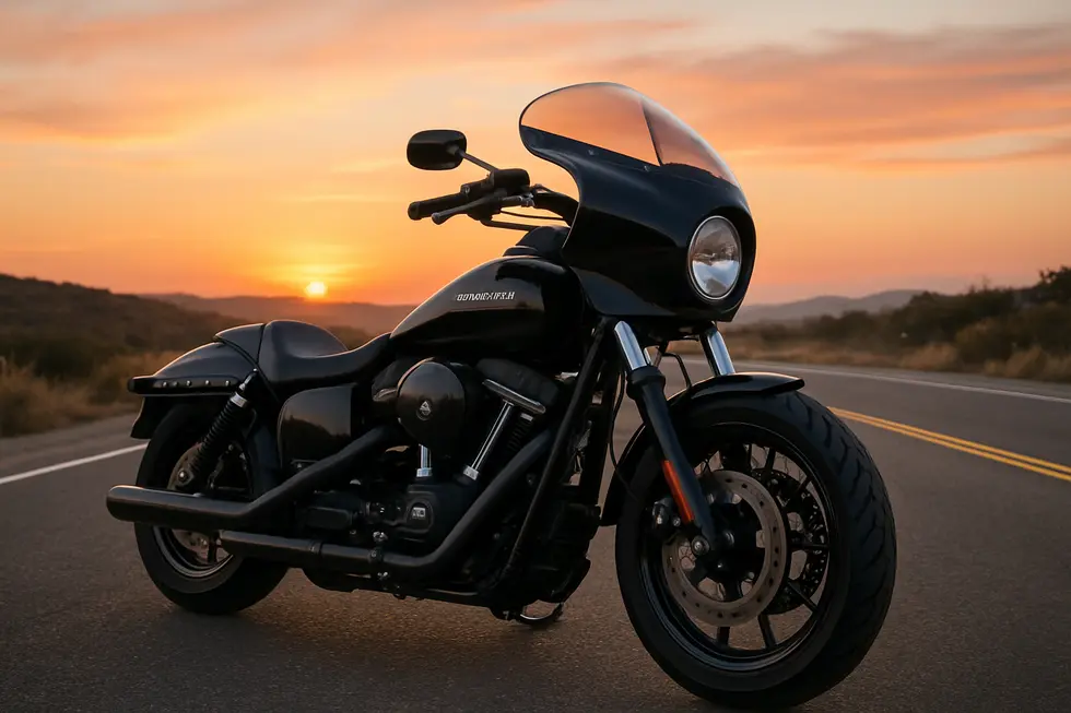 Harley-Davidson Dyna Low Rider featuring a Batwing fairing with integrated speakers, combining style with rider comfort and entertainment.