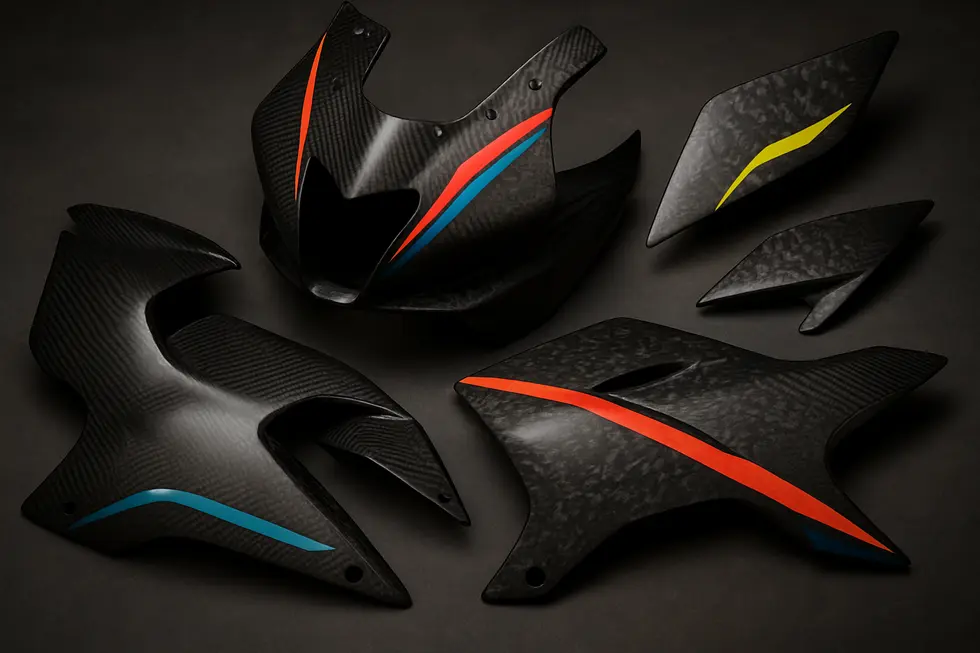 Detailed view of a carbon fiber motorcycle fairing showcasing its weave pattern and glossy finish.