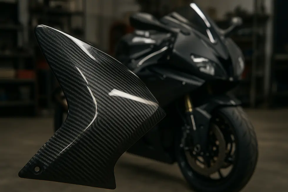 Detailed view of a carbon fiber motorcycle fairing showcasing its weave pattern and glossy finish.