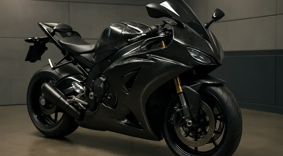 Sportbike fitted with premium carbon fiber fairings showcasing high-quality finish and aerodynamic design.