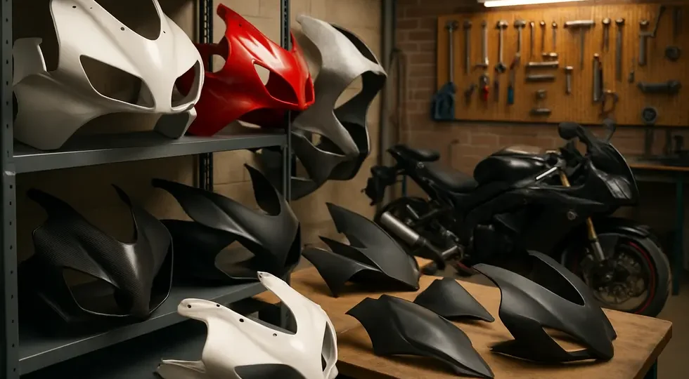 Workshop showcasing diverse affordable motorcycle fairings in various materials, emphasizing customization and accessible quality.