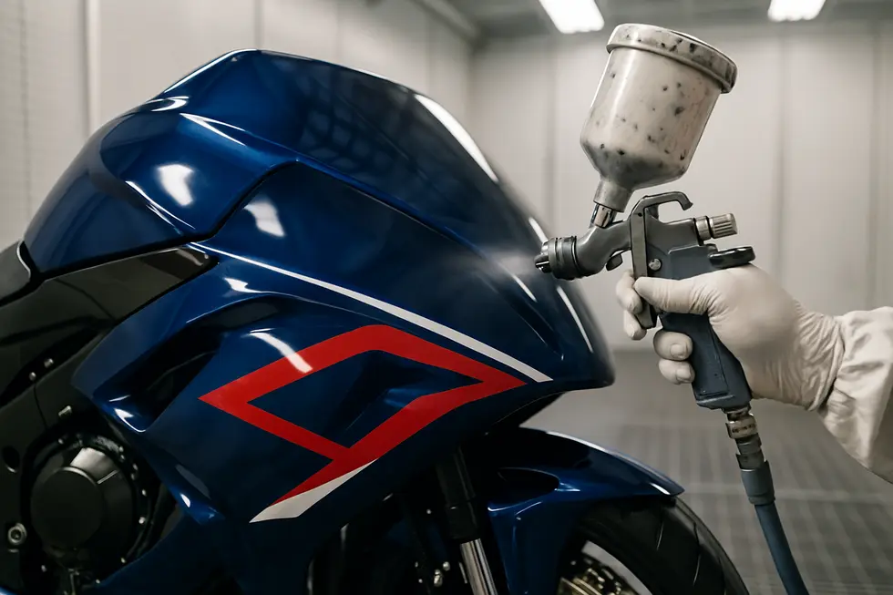 Surface preparation on a plastic motorcycle fairing using fine sanding to ensure optimal paint adhesion.