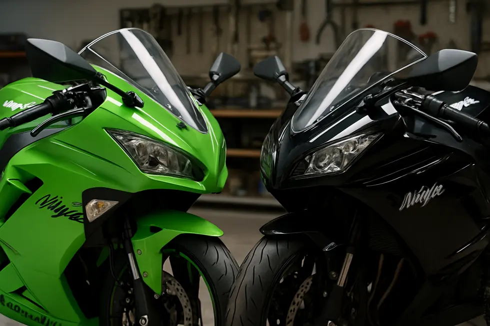 Side-by-side display comparing OEM and aftermarket Kawasaki fairings with emphasis on quality, durability, and fit.