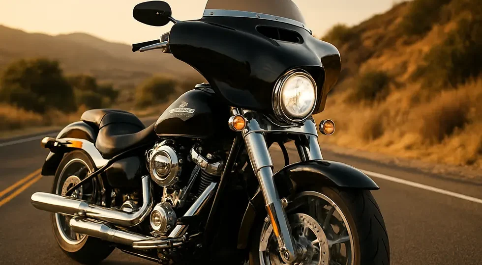 Harley-Davidson Fat Boy with a black batwing headlight fairing parked at sunset, showcasing style and aerodynamic detail.