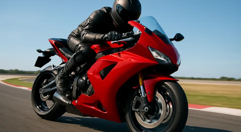 A sleek sport motorcycle featuring a full aerodynamic fairing on a racetrack, highlighting form and function.