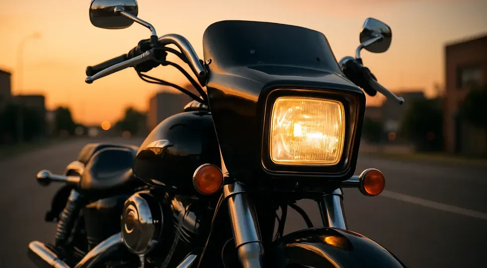 A cruiser motorcycle highlighted by a square headlight fairing, epitomizing style and function.