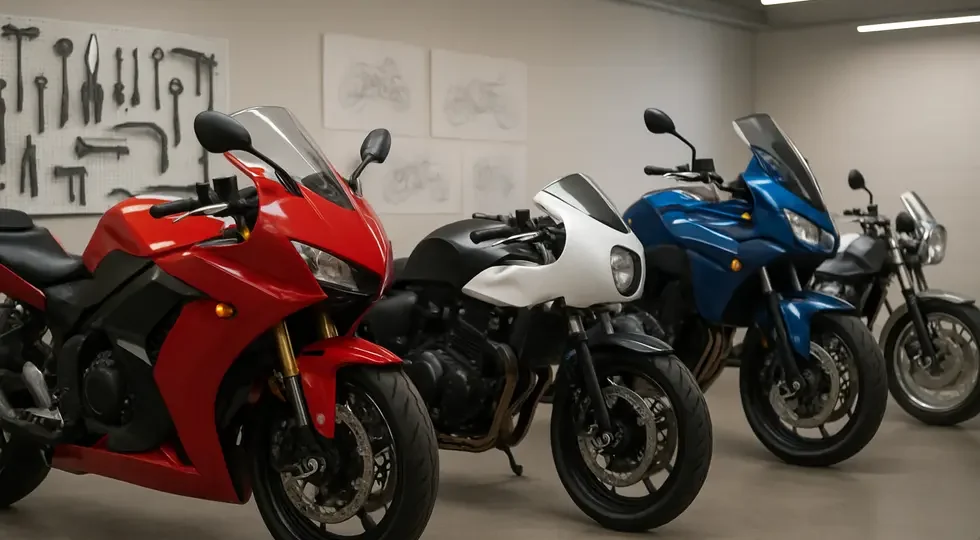 Diverse motorcycles equipped with universal motorcycle fairings showcased in a modern showroom reflecting design and market relevance.