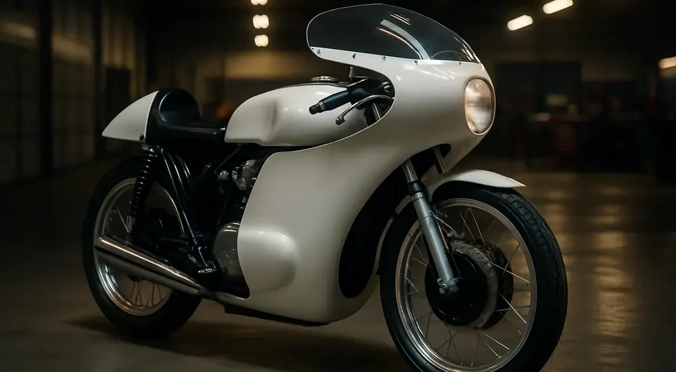 A vintage racing motorcycle equipped with an iconic Airtech fairing, showcasing its aerodynamic design and race heritage.