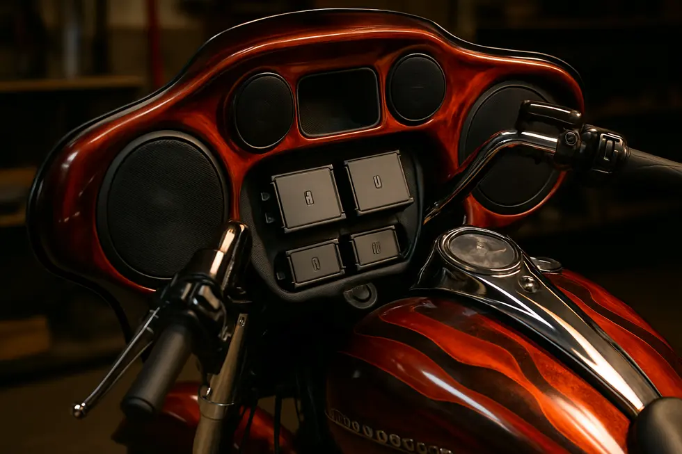 Custom inner fairing housing multiple speakers and amplifiers with seamless OEM-quality fitment.