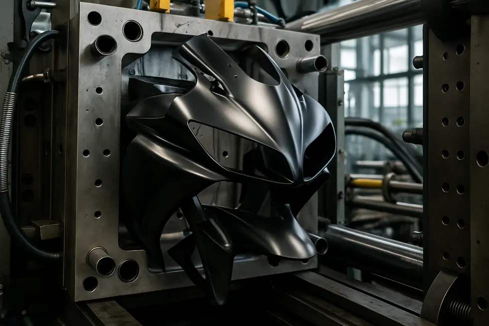 Injection molding machines producing durable ABS plastic fairings ensuring high-quality fit and strength.