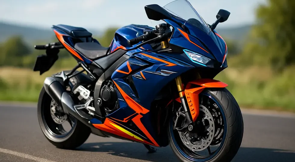 A custom-faired motorcycle blending high-quality paint finish, aerodynamic styling, and innovative design.