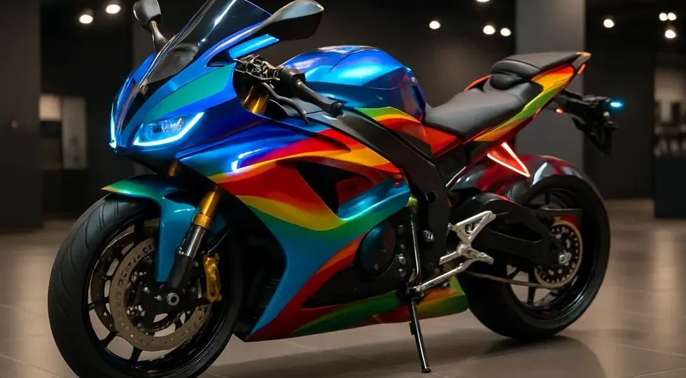 A premium custom motorcycle featuring precision fairings, vivid paint, and LED accessories on display.