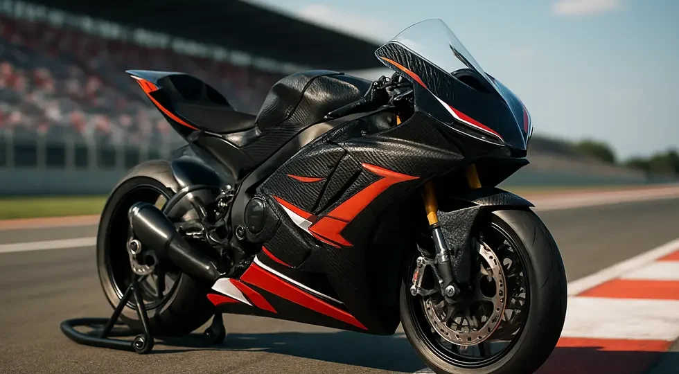 Modern race motorcycle equipped with full custom carbon fiber fairing showcasing racing aesthetics and aerodynamic design on the track.