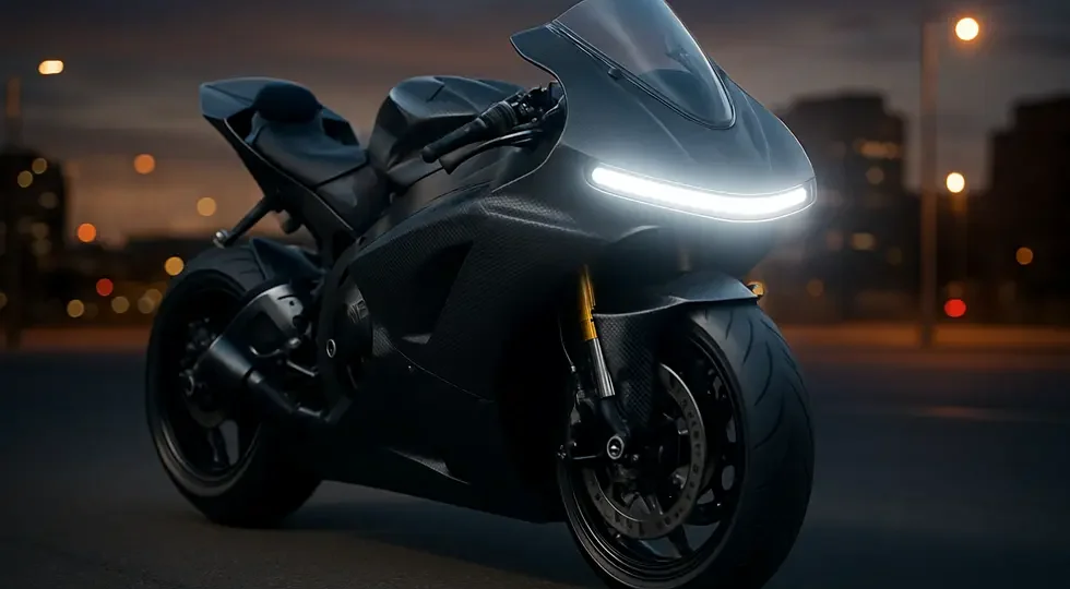 Custom carbon fiber motorcycle race fairing with integrated LED light bar highlighting advanced design and illumination in an urban twilight setting.