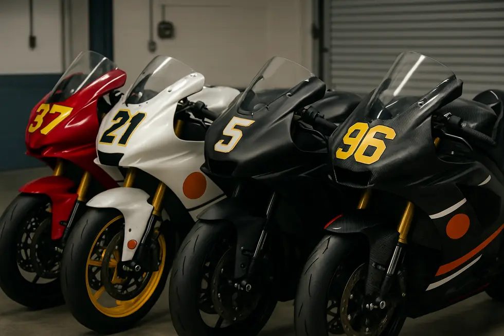 Diverse custom race fairings featuring unique finishes and personalized graphics on motorcycles in workshop.