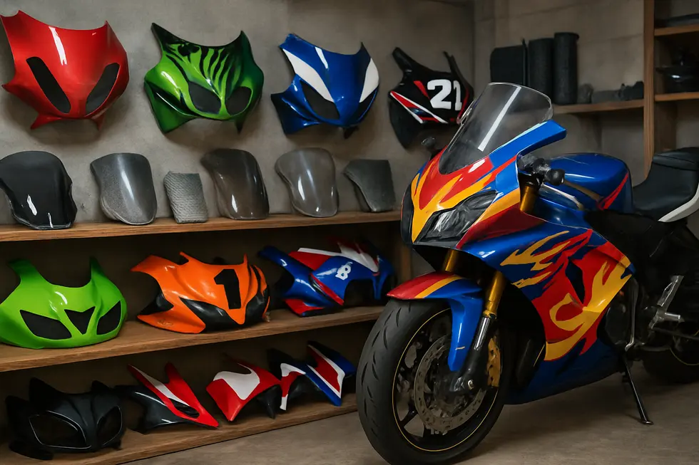 A display of various motorcycle fairing materials illustrating the price-quality spectrum for affordable fairings.