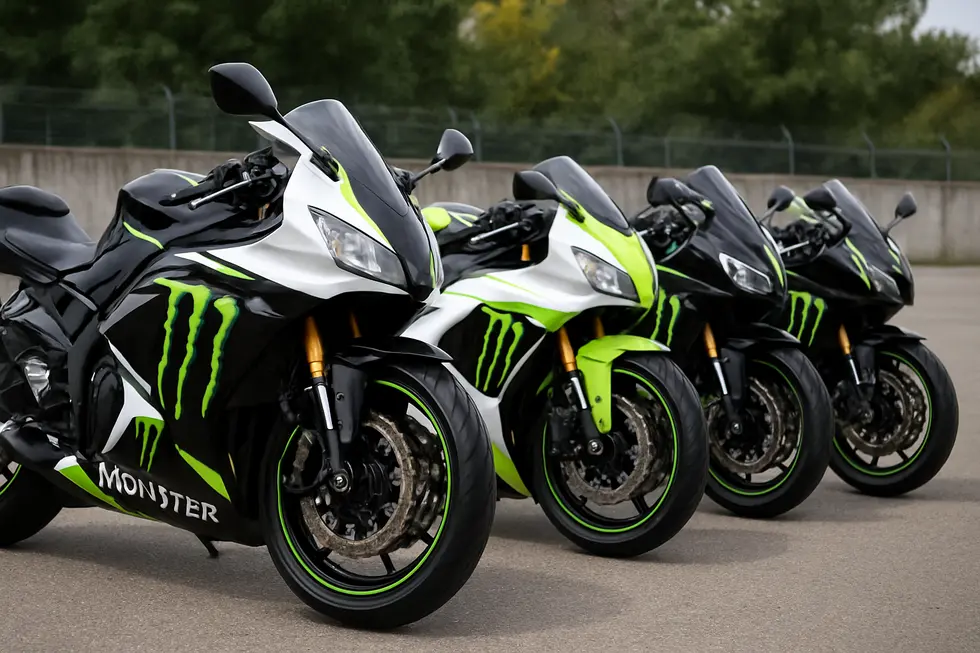 Various sport motorcycles featuring diverse Monster Energy-themed fairings exhibiting customization options and unique design arrangements.