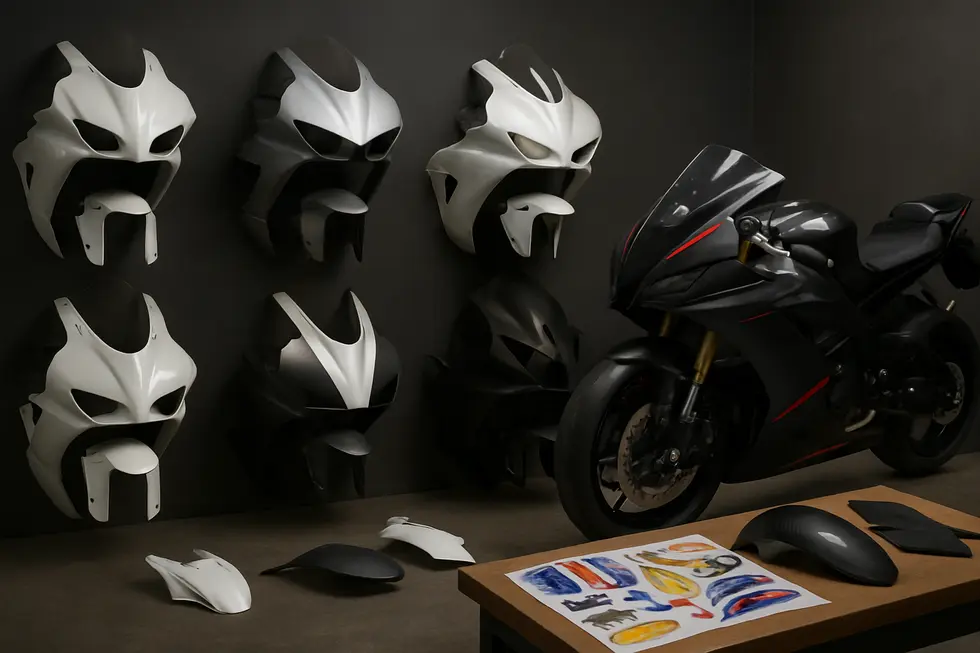 Carbon fiber race fairings optimized for aerodynamics and lightweight strength on a high-performance sportbike.