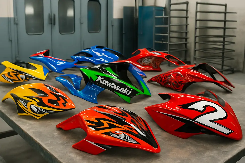 A high-grade ABS motorcycle fairing panel emerging from an injection molding machine, illustrating the precision manufacturing process.