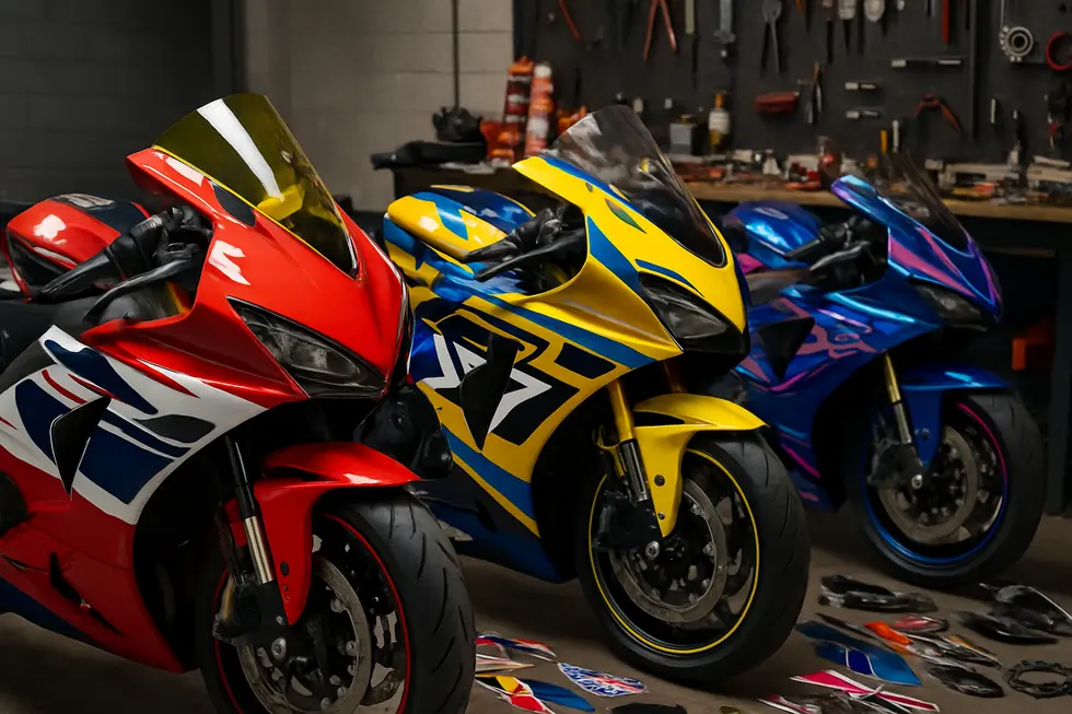 Different types of motorcycle fairings including full and half fairings displayed on sport bikes.