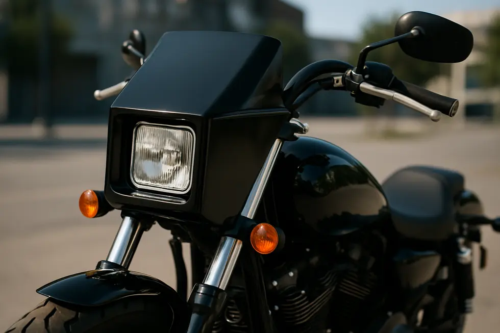 A cruiser motorcycle showcasing a square headlight fairing emphasizing vintage style and distinctive design impact.