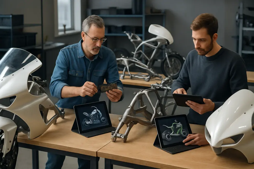 Engineers assessing universal fairing fitment challenges amid diverse motorcycle frame geometries.