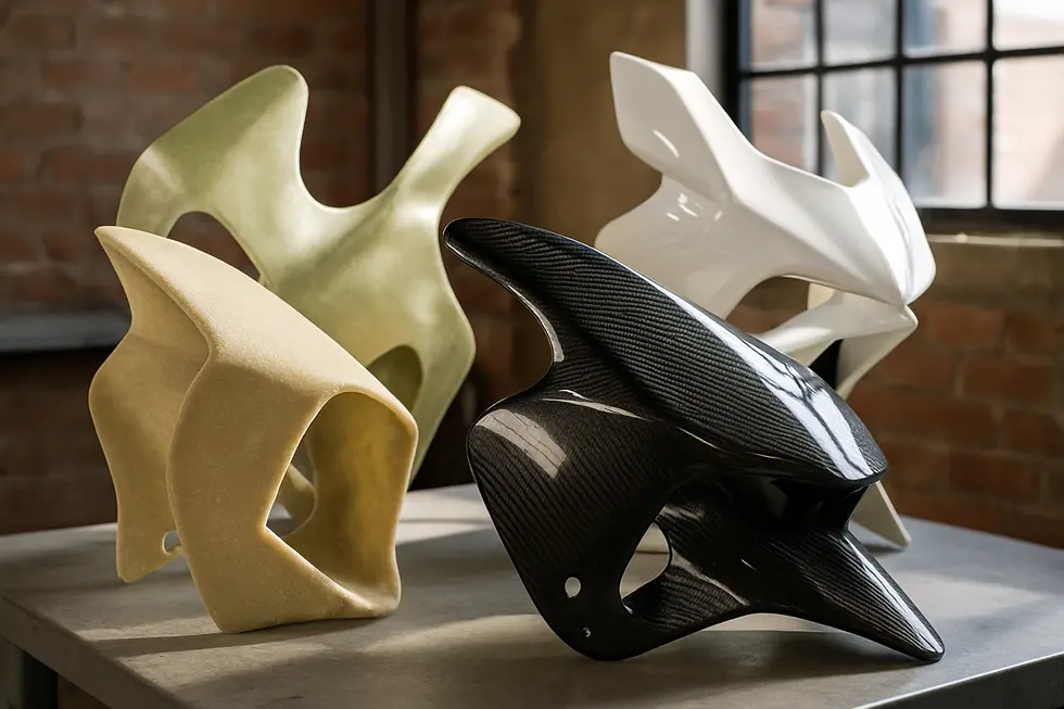 Various motorcycle fairings made from fiberglass, ABS plastic, and carbon fiber emphasizing design and material diversity.