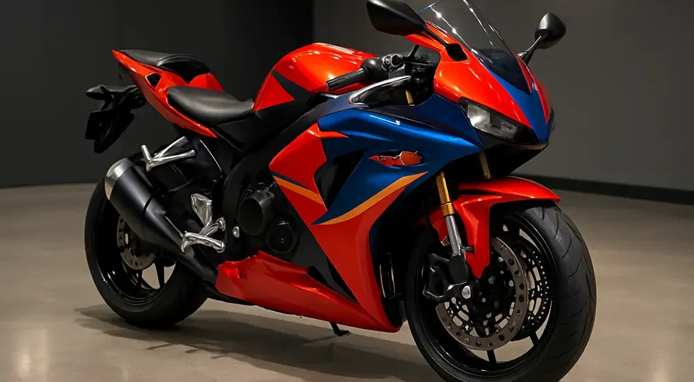 Sport motorcycle outfitted with high-grade aftermarket ABS fairings showcasing superior fitment and finish in a modern showroom.