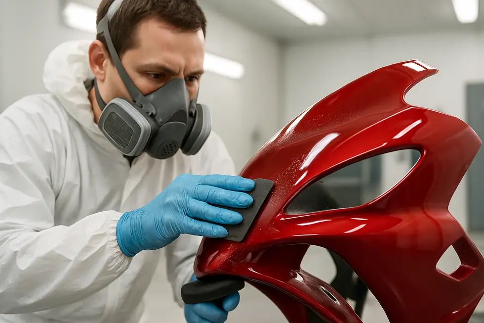 Technician meticulously preparing and repairing a motorcycle fairing’s surface to ensure a solid foundation for repainting.