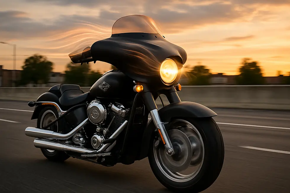 Bold red headlight fairing on a custom Harley-Davidson Fat Boy highlighting creative customization options.