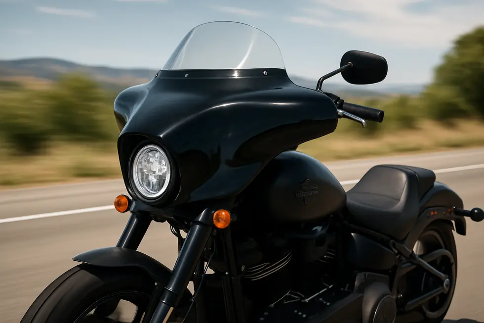 Harley Davidson Softail Low Rider S equipped with an aerodynamic Viking Maverick Gloss Black fairing showcasing innovative batwing design.