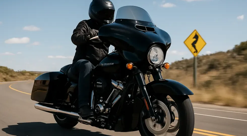 Harley Davidson motorcycle on highway outfitted with a stylish and aerodynamic batwing fairing enhances rider performance and comfort.
