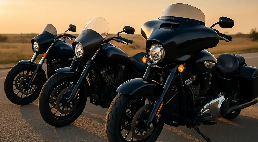 A lineup of Harley-Davidson motorcycles showcasing diverse fairing styles, premium materials, and advanced lighting in a warm outdoor setting.
