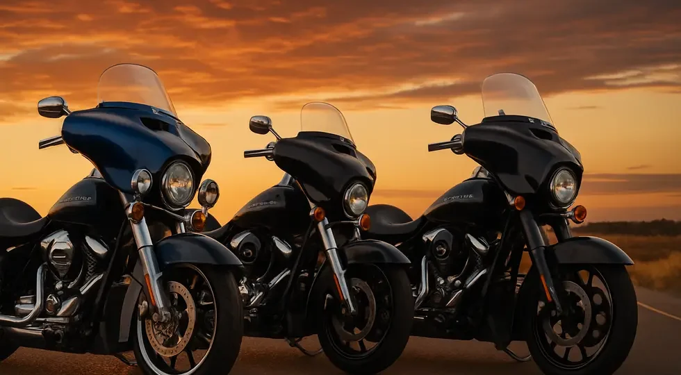 A showcase of Harley-Davidson motorcycles outfitted with high-quality aftermarket fairings in natural sunset light.