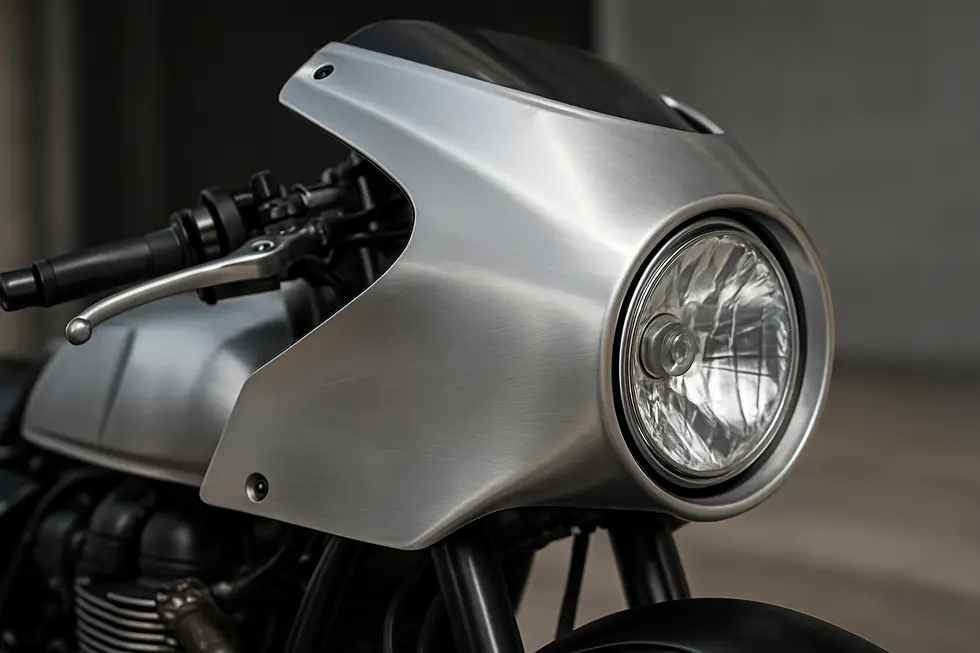 An aluminum headlight fairing with anodized finish that exemplifies superior design and durable material choice for motorcycles.