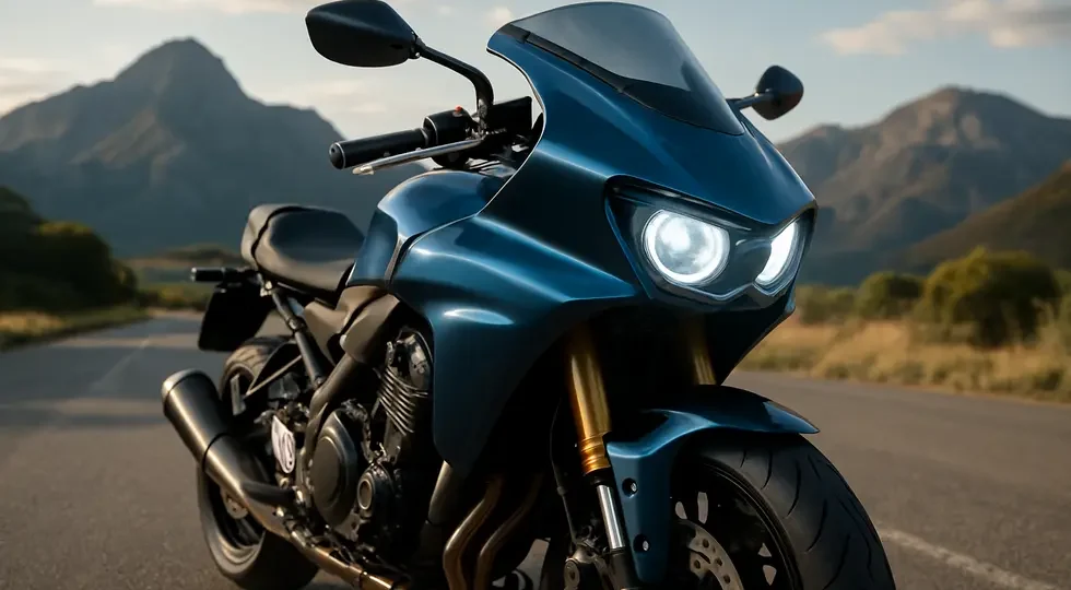 A motorcycle equipped with a stylish, functional headlight fairing highlighting design, lighting, and aerodynamic features.