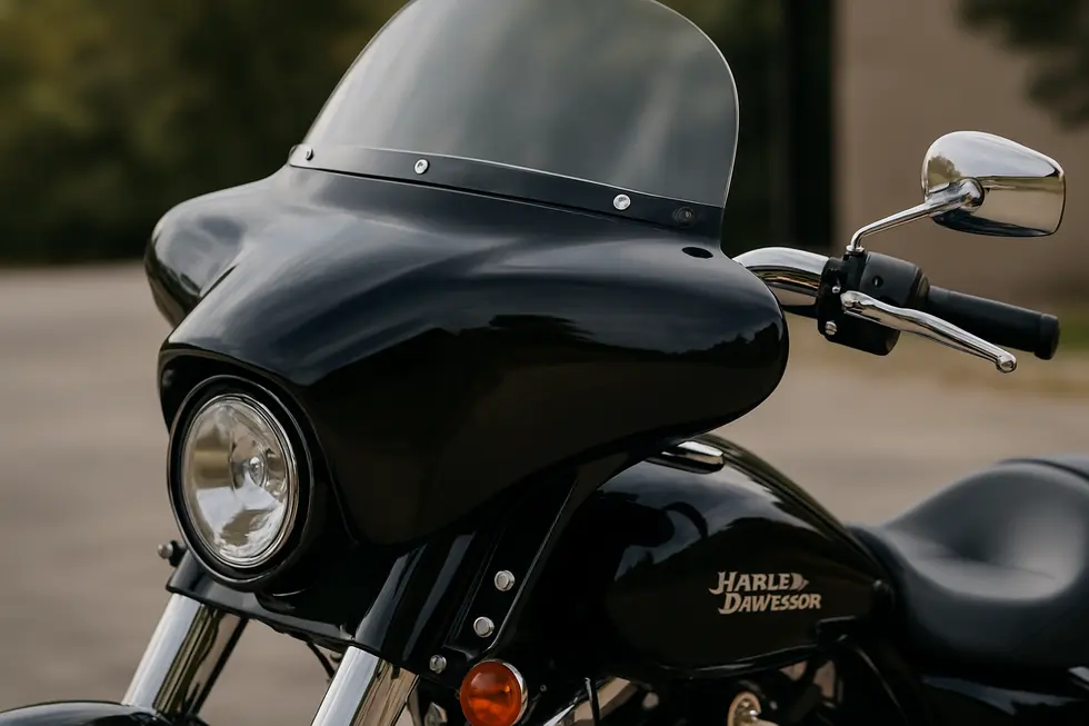 Detail view of Hoppe Industries’ precision-designed motorcycle fairing showcasing construction quality and fit for Harley-Davidson Road King models.