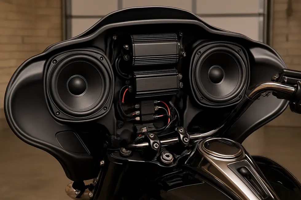 Custom inner fairing housing multiple speakers and amplifiers with seamless OEM-quality fitment.