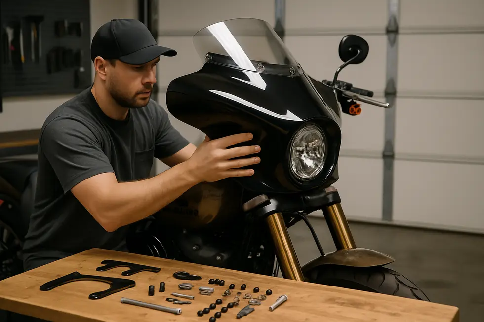 A Harley-Davidson motorcycle featuring a sleek fiberglass fairing with aerodynamic airflow visualization.