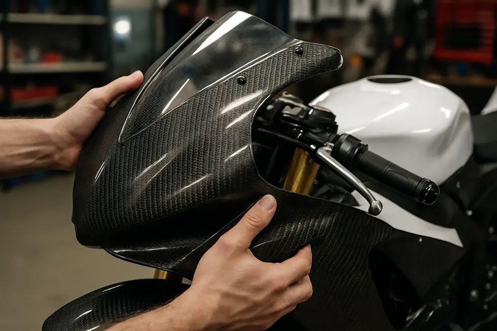 Diverse custom race fairings featuring unique finishes and personalized graphics on motorcycles in workshop.